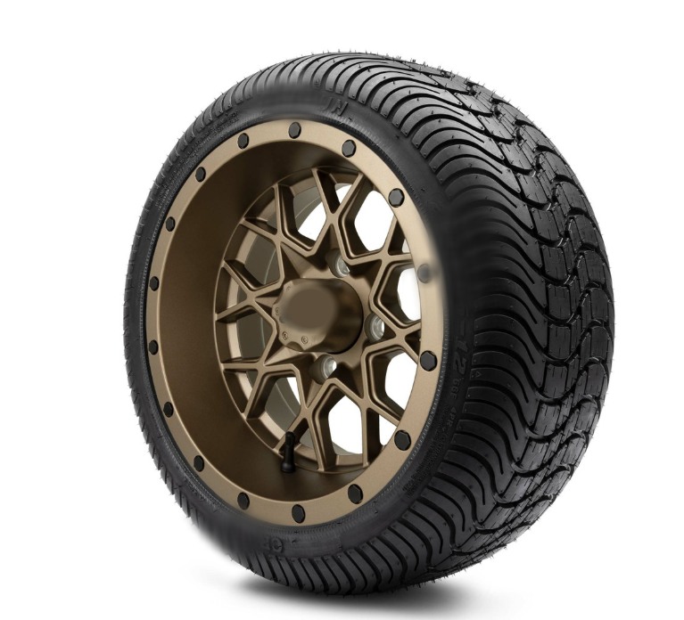 Bronze aftermarket golf cart wheel and tire